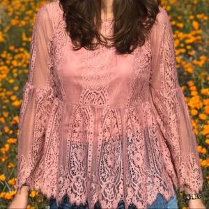 DONATING 5/10/21 Pink Bell Sleeved Lace Shirt